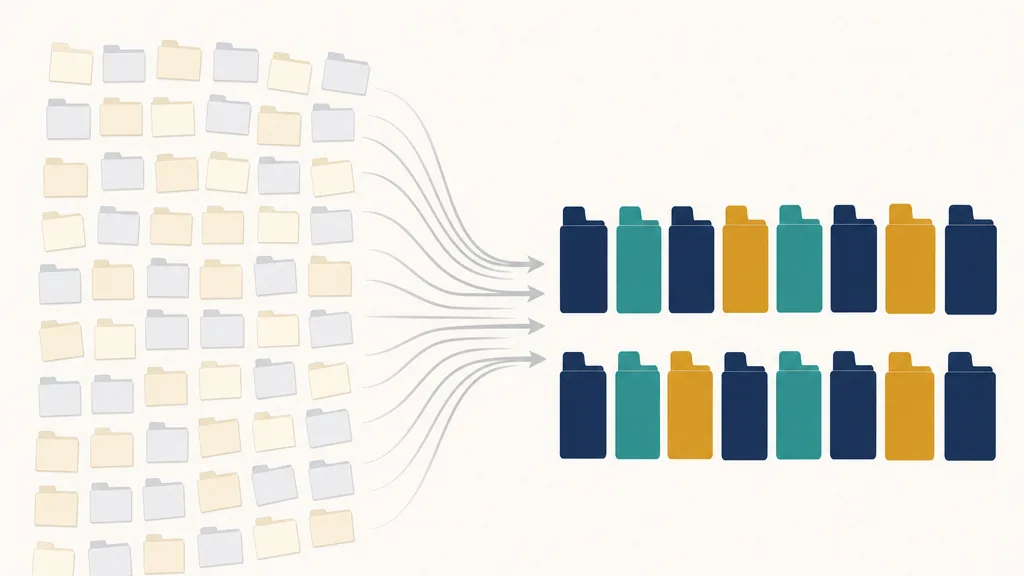 Illustration of many small pale folders converging along arrows into a smaller set of navy, teal and gold folders, representing the proposal to consolidate NDIS support categories